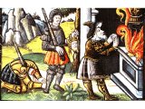 King Saul killed himself by falling on his sword, the enemy cut off his head and carried it back to the temple of Dagon - an illumination from Henry VIII`s Great Bible, 1538